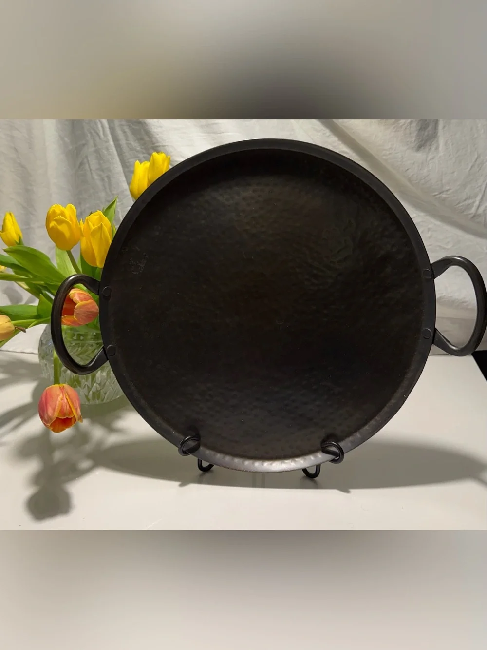 Crate and Barrel Hammered Iron Serving Platter with Handles - 14 in